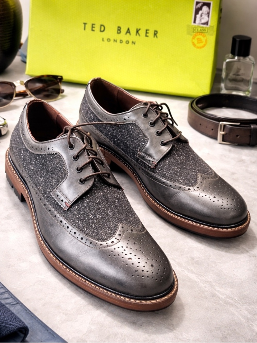 Ted Baker Gray Brogue Wingtip Lace-Up Oxfords